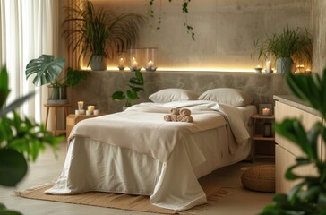a beautiful bed set up in a spa treatment room