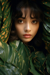 Portrait of a young beautiful woman in tropical leaves in a green dress
