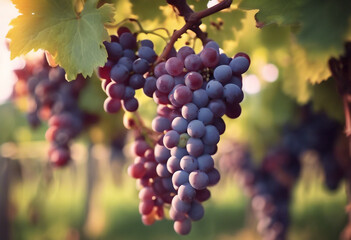 Delicious grapes in picturesque vineyard Appetizing bunches of wine grapes close-up Grapes hanging on a branch, the sky in the distance, looks organic - obrazy, fototapety, plakaty