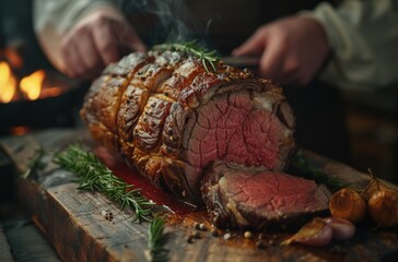 a person is a piece of roasted beef on a board