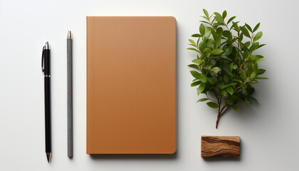 Modern office desk with blank paper, pencil, and green plant generated by AI