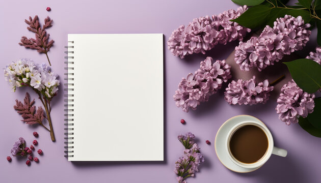 Fresh lilac blossom on table, book, drink, and nature generated by AI