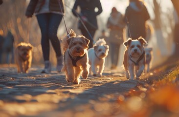 a group of young people walking their dogs by leash