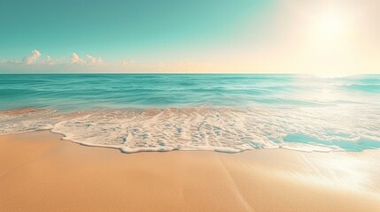 A tranquil beach adorned with golden sand and azure waters, embraced by the warm glow of the sun