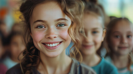 Fototapeta premium A joyful teacher, surrounded by eager students, wears a bright smile, inspiring a love for learning in others