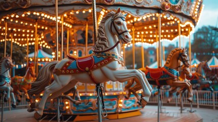 Fototapeta na wymiar A charming carnival carousel scene, with brightly painted horses, nostalgic music