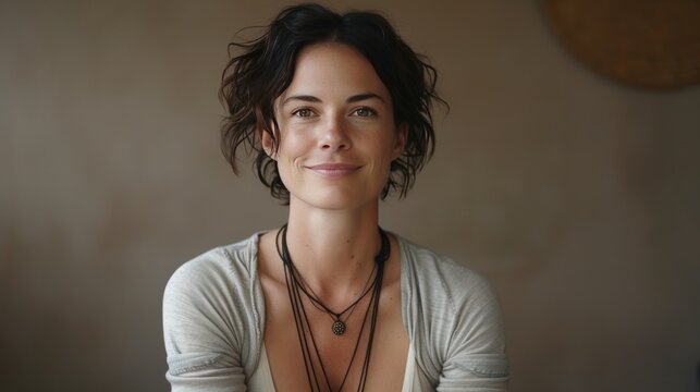 A serene yoga instructor, in a meditative pose, smiles peacefully, emanating tranquility and inner harmony