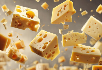 Flying cubic pieces of delicious cheese cut out