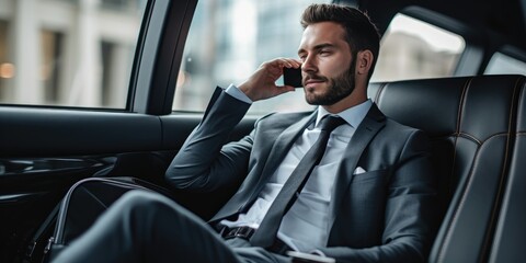 Businessman in a suit is sitting in the back seat of a car and talking on mobile phone - obrazy, fototapety, plakaty