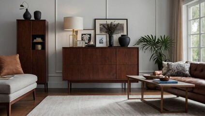 Cherrywood cabinet and curated accessories enhancing the visual appeal of a white living space.