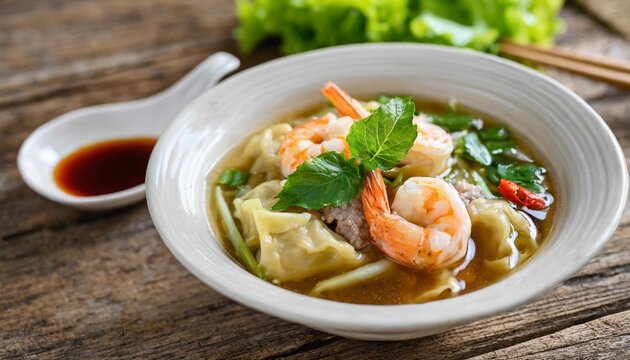 shrimp wonton with braised pork in soup on wooden table asian food style select focus image