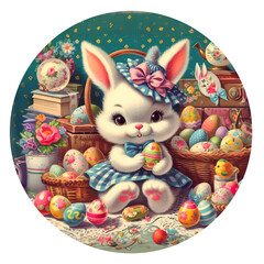dressed up easter bunny retro pop round sticker on transparent background - obrazy, fototapety, plakaty