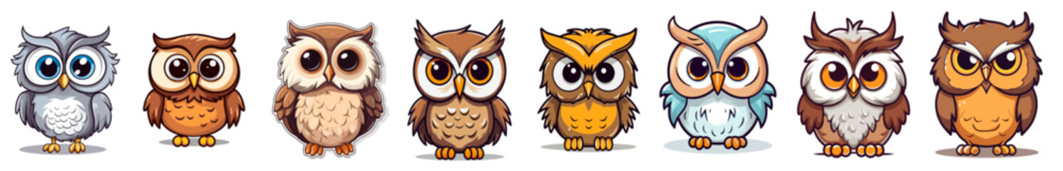 cute cartoon owls set, baby owl on transparent background, png file