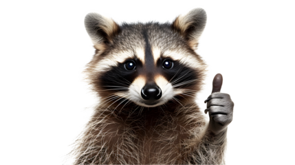A raccoon giving a thumbs up isolated on white background 