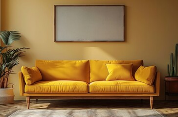 an elongated sofa with a yellow wall art