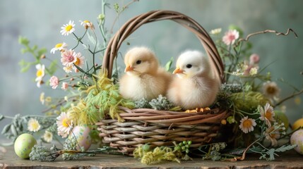 A whimsical Easter basket display, filled with pastel eggs, fluffy chicks