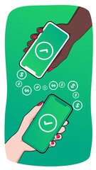 Two smartphones held by women and showing sending and receiving payments confirmation. Through a digital wallet application on a mobile phone. Bank transfer concept. Digital money. Vertical banner.