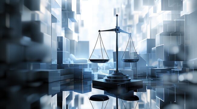 a law scale, court computer and laptop