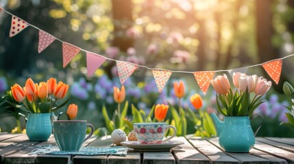 A festive Easter garden party setting, with cheerful bunting, dainty teacups