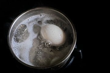 Fototapeta na wymiar cook a chicken white egg in boiled water in a saucepan at home