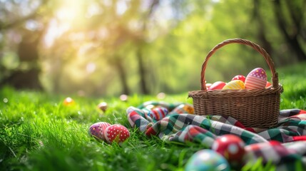 A charming Easter picnic backdrop, featuring a checkered blanket, woven baskets