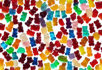 Rich collection of tasty jelly gummy bears isolated on white background