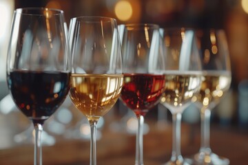 a row of glasses with different types of wine beverage - obrazy, fototapety, plakaty