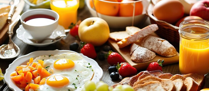 A delicious breakfast with good nutritional content in the form of eggs, bread, juice and fresh fruit is served on the dining table
