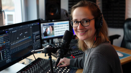 female radio station host in studio with microphone and headphones