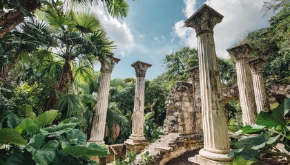 weathered ruins with classic columns in lush green tropical foliage of exotic botanical garden - obrazy, fototapety, plakaty