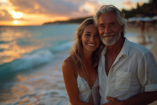a man and a woman are posing for a picture on the beach at sunset