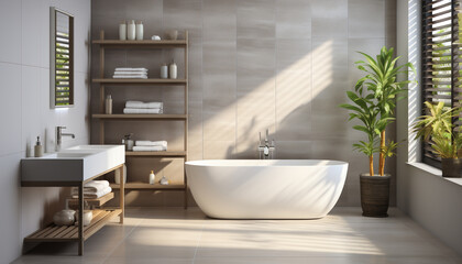 Fototapeta na wymiar Modern, elegant bathroom design with clean marble flooring and fixtures generated by AI