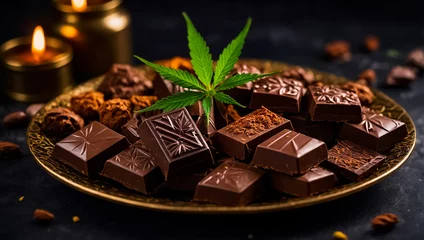 Fotobehang Delicious chocolate with marijuana leaf on dark background sweet © tanya78
