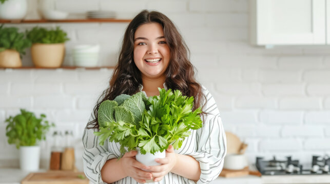 fat overweight smiling young woman with a bunch of greens on the background of a white kitchen, proper nutrition, salad, celery, weight loss, lifestyle, health, girl, food, cooking