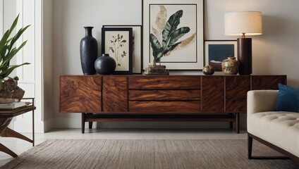 Exotic wood credenza and carefully curated accessories elevating a white living room interior. - obrazy, fototapety, plakaty