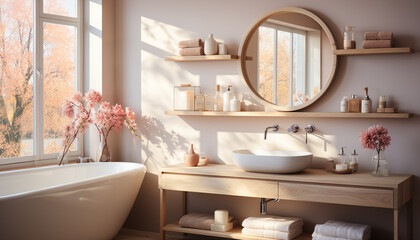 Fototapeta na wymiar Modern, elegant bathroom design with clean, comfortable, luxurious bathtub generated by AI