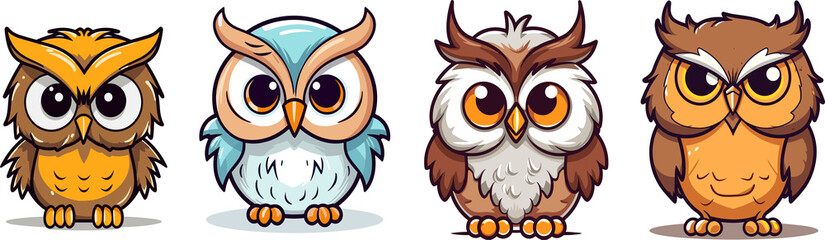 cute cartoon owls set, baby owl on transparent background, png file