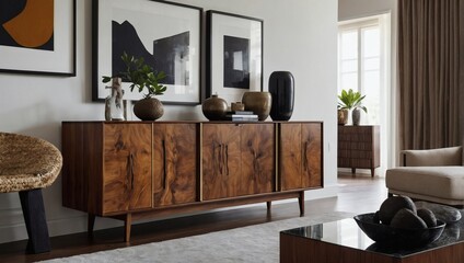Exotic wood credenza and carefully curated accessories elevating a white living room interior. - obrazy, fototapety, plakaty