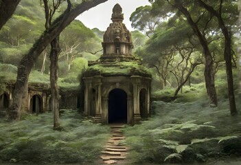 Old temple in the middle of the forest, trees, vegetation