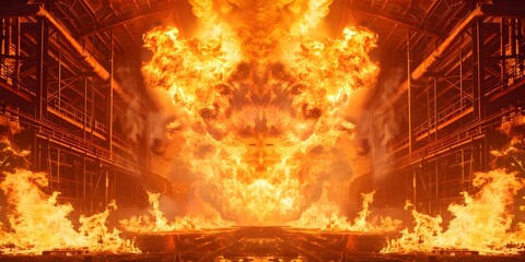 Blazing inferno engulfs industrial facility creating a fiery spectacle. Concept Dramatic Fire, Industrial Blaze, Fiery Spectacle, Engulfed Facility, Inferno - obrazy, fototapety, plakaty