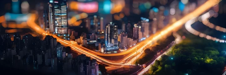 Tafelkleed Long exposure cityscape, big city nightviewl lights and cars © Guddah