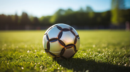 Fototapeta premium Soccer ball on grass field at sunset. Silver leather soccer ball with copy space background. Sports equipment. Template for children's birthday cards about soccer.