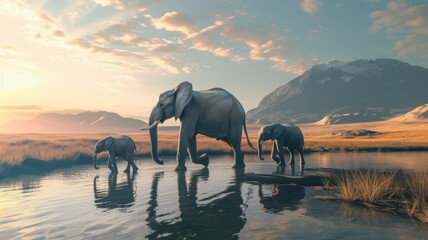 Elephants at Watering Hole - A majestic scene of an elephant family quenching their thirst at a tranquil watering hole at dusk. The soft light accentuates the peacefulness  
