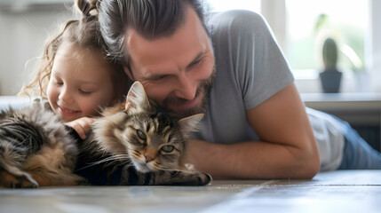 father cuddling with daughter and cat. Family portrait. Gentle parenting. Parental love. 