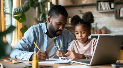 African american father doing homework with his daughter. Black dad helping kid to learn and study for school. Family portrait. 