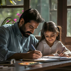 Indian father doing homework with his daughter. Dad helping kid to learn and study for school. Family portrait. 
