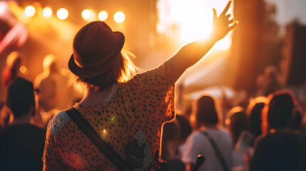man with hat dancing in front of big stage at a cool rock music festival. Person dancing with hand...