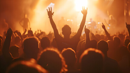 man dancing with hands in the air in front of big stage at a cool rock music festival. Person dancing in the crowd with hand up at a live concert. - Powered by Adobe