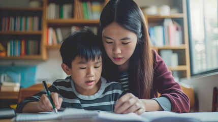 Asian mother doing homework with her son. Japanese mum helping kid to learn and study for school. Family portrait.  - obrazy, fototapety, plakaty