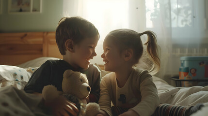 Two cute children laughing at each other while sitting in their bed. Sibling love. Brother and sister holding a teddy bear and looking at each other.